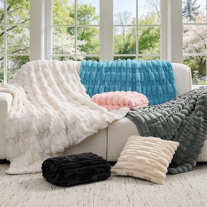 BEDELITE Faux Fur Twin Blanket for Couch - Super Soft & Cozy Plush Striped Blanket for Sofa and Room Decor, Luxury Fluffy All-Season Blankets Gift for Women, Men, Mom, Dad, 60x80 inch, Grey