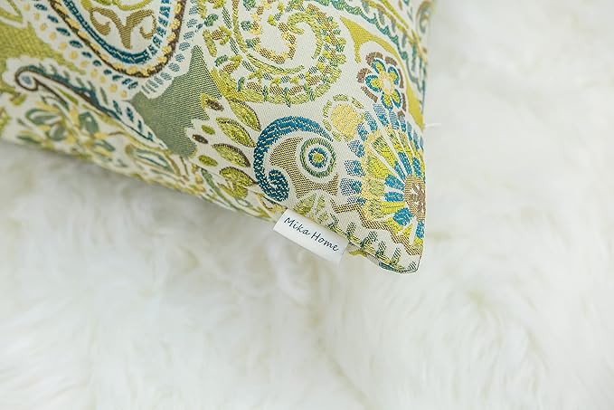 Mika Home Pack of 2 Throw Pillow Covers Decorative Pillow Shells for Sofa Couch, Paisley Pattern, 22x22 Inches,Green Brown Cream Multicolor