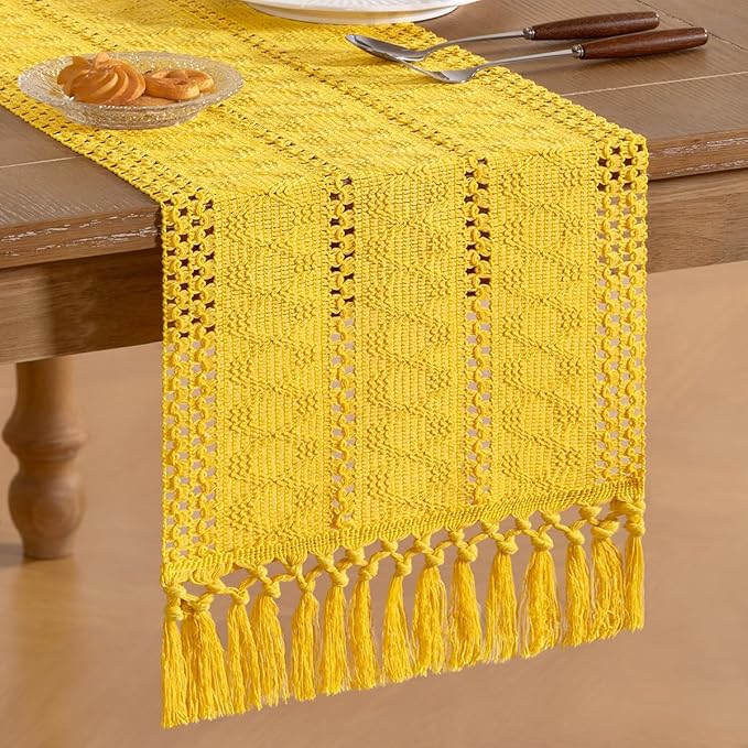 Socomi Boho Table Runner Easter Spring Farmhouse Rustic Dining Kitchen Centerpiece Decor Small Macrame Woven Cotton Linen Coffee Table Runner for Dresser Scarf Home Decor 12x48 in Yellow Gold