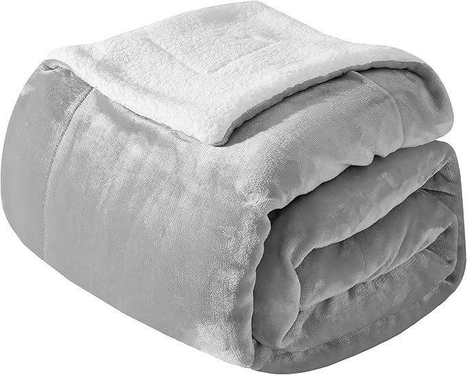 Mocassi Premium Ultra-Soft Velvet Touch Flannel Fleece Sherpa Throw - Warm Cozy Reversible Plush Micromink Throw Blanket for Couch, Bed and Sofa - Fluffy, Christmas Winter Bedding Gift, Silver Grey