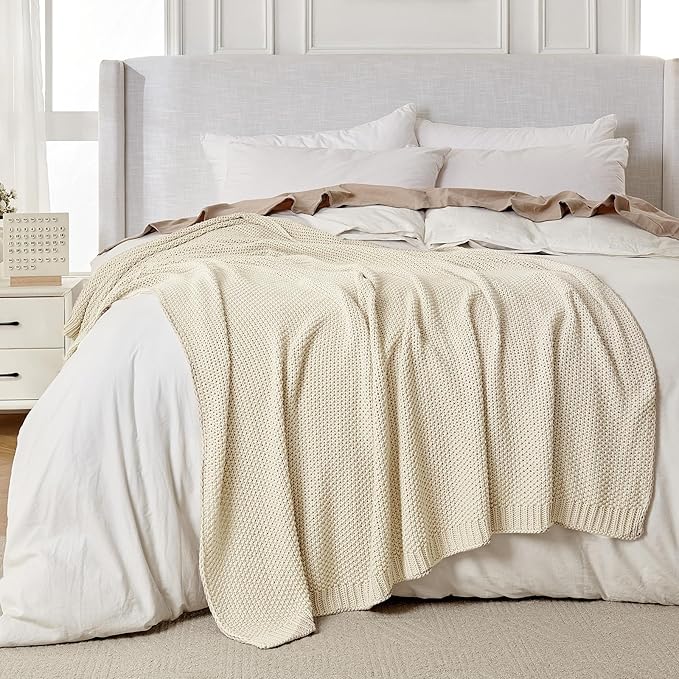 Joydeco Chunky Cable Knit Throw Blanket, Lightweight 100% Cotton Soft Cozy Throw Twin Blanket for Couch Bed and Sofa, Rustic Breathable Farmhouse Blanket Gift for Women Men(Cream White, 51"x63")