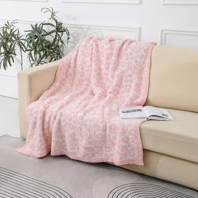 bearberry Fuzzy Leopard Knitted Throw Blanket Soft Cozy Warm Microfiber Blanket for Couch Sofa Bed Travel (Pink/Cream, 51"x70")