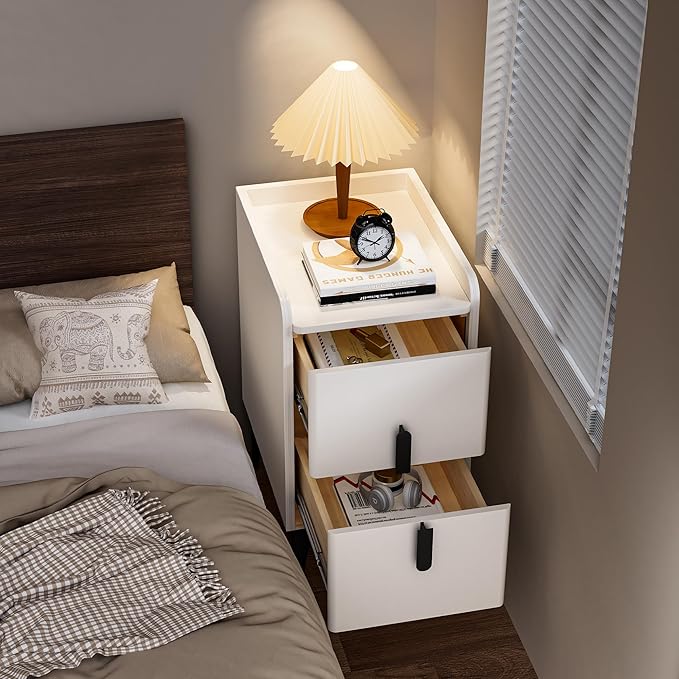 VICITON Narrow Nightstand with 2 Drawers, Narrow Side Table Leather Surface, Slim Bedside Table for Bedrooms, Dormitories, Living Rooms (Cream White, 15.7" D x 11.8" W x 22.4" H)