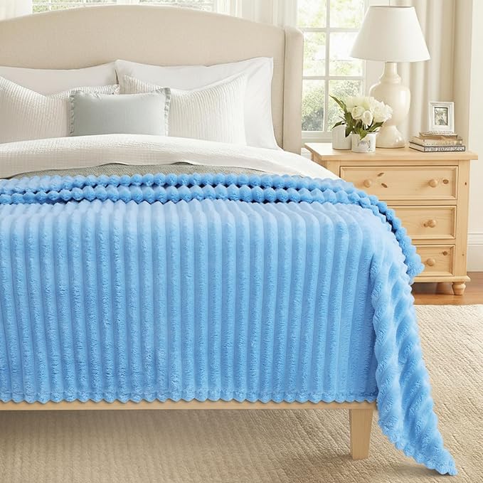 decorUhome Soft Fleece Blue Blanket Queen Size for Bed, Cozy Fluffy Plush Flannel Large Striped Throws for Couch Sofa, Lightweight Decorative Fuzzy Blanket for Woman, 90x90 Inches