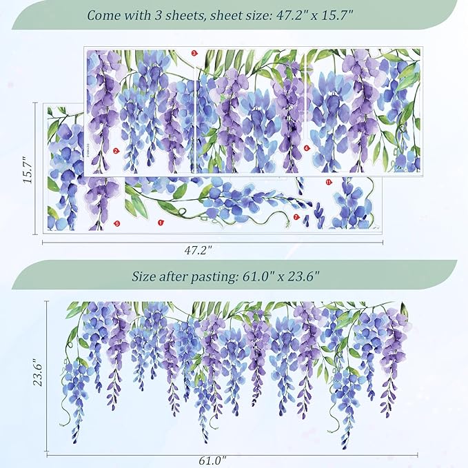 Purple Flowers Wall Decals Peel and Stick, Large Wisteria Floral Vinyl Wall Stickers, Removable Vine Home Decor Art for Bedroom Living Room Classroom Office