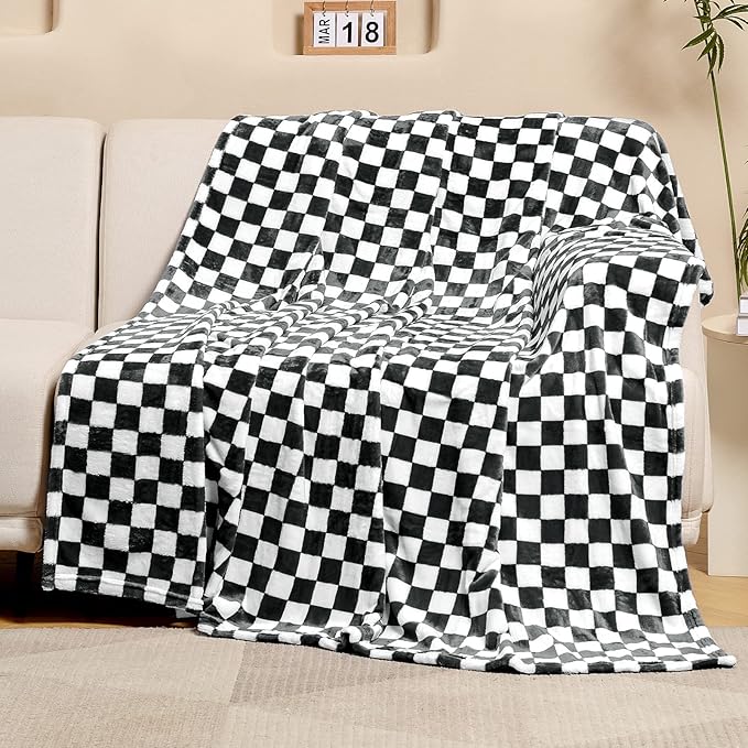 FY FIBER HOUSE Checkered Flannel Fleece Throw Blanket Queen Size Soft Cozy Checkerboard Grid Print Chessboard Gingham Pattern Blankets for Bed Couch Sofa, 90"x90", Black