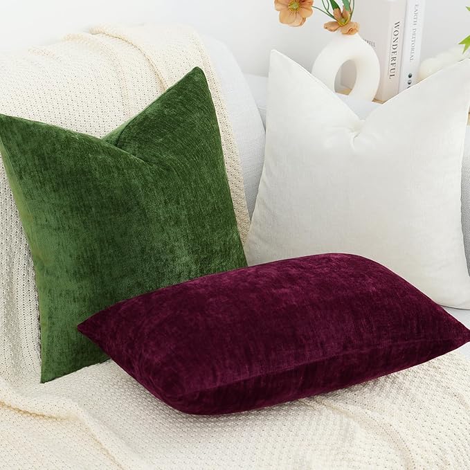 decorUhome Chenille Burgundy Throw Pillow Covers 16x16 Inch Set of 2, Decorative Soft Couch Pillow Covers Solid Dyed Accent Farmhouse Neutral Square Pillow Cases for Sofa