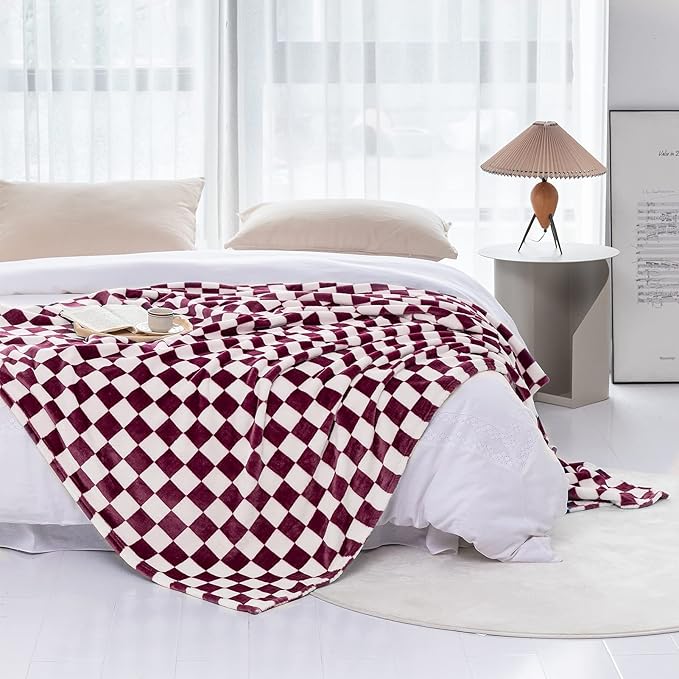 LOMAO Throw Blankets Flannel Blanket with Checkerboard Grid Pattern Soft Throw Blanket for Couch, Bed, Sofa Luxurious Warm and Cozy for All Seasons (Burgundy, 60"x80")