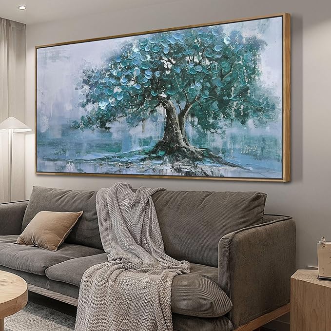 Ardemy Extra Large Framed Tree Canvas Wall Art for Living Room, Teal Tree of Life Landscape Bedroom Picture Wall Decor, Nature Painting Artwork for Wall Home Office Dining Room Kitchen 58"x29"