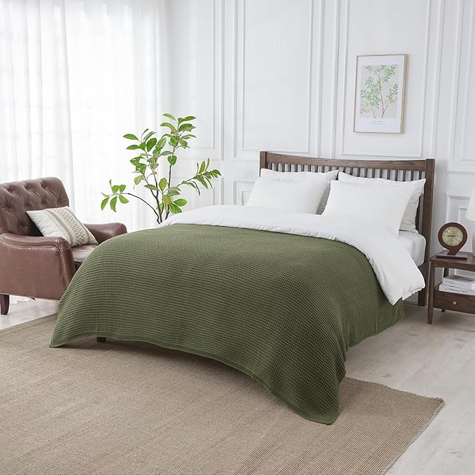 Douceur Olive Green Throw Blanket for Bed, Soft Chunky Cable Knit Throw Blanket, Classic Fisherman's Rib Stitch Pattern Throw for Living Room Gift, 60"X80"