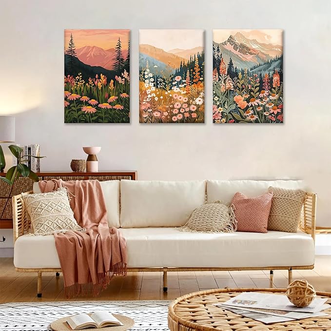 KBKBART Boho Mountain Framed Canvas Wall Art Set of 3, Colorful Landscape Wildflower Daisy Wall Decor, Bohemian Floral Forest Scenery Art Prints for Bedroom Living Room Office 12x16 Inch