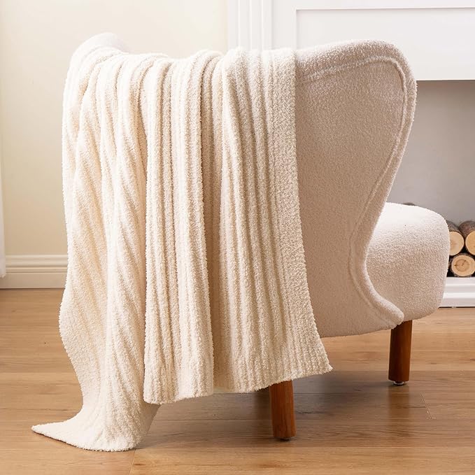 BATTILO White Throw Blanket for Couch, Knit Fuzzy Plush Cream Throw Blankets, Warm Cozy Lightweight Blanket for Bed, Sofa, Home Decor, 50"x60"