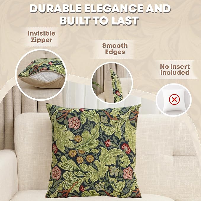 Charlotte Home Furnishings Throw Pillow Covers 16x16 in Green Leicester Decorative Couch Pillow Covers Boho European Tapestry Cushion Cases Living Room Cozy Home Decor Jacquard Woven Soft Cotton