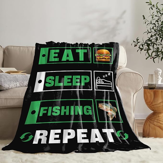 Fishing Blanket for Girls Women Boys Men Adults Kids Soft Cozy Fleece Eat Sleep Fish Hamburger Throw Blankets Fisherman Gifts Warm Flannel Plush Lightweight Decor for Couch Bed Sofa 50"X40"