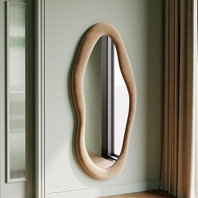 Honyee 55" x 24" Wall Mirror, Flannel Wrapped Wooden Frame Wavy Mirror, Irregular Mirror Hanging for Cloakroom/Bedroom/Living Room, Milk Tea