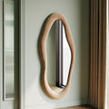 Honyee 55" x 24" Wall Mirror, Flannel Wrapped Wooden Frame Wavy Mirror, Irregular Mirror Hanging for Cloakroom/Bedroom/Living Room, Milk Tea