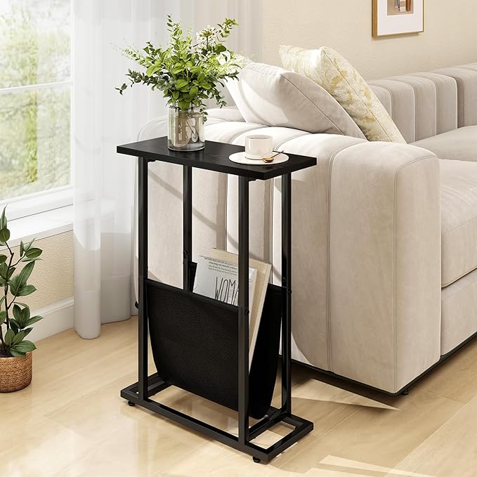 Narrow Side Table for Small Place,Metal Table with PU Leather Bag,Slim Nightstand for Reading Or Storage,Sofa Side Table for Living Room,Bedroom,Black