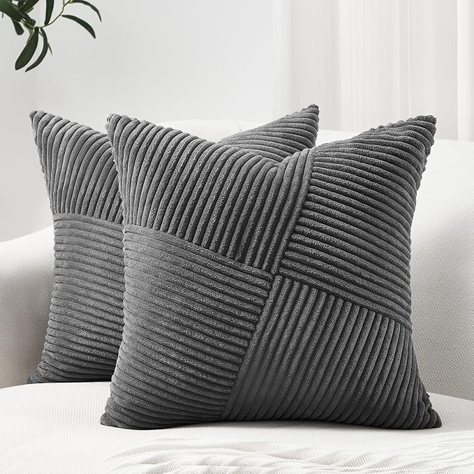 Topfinel Pack of 2 Decorative Throw Pillow Covers 18x18 Inch Soft Corduroy Boho Textured Striped Patchwork Pillow Covers Farmhouse Rustic Home Decor for Spring Sofa Living Room Couch Bed Darkgrey