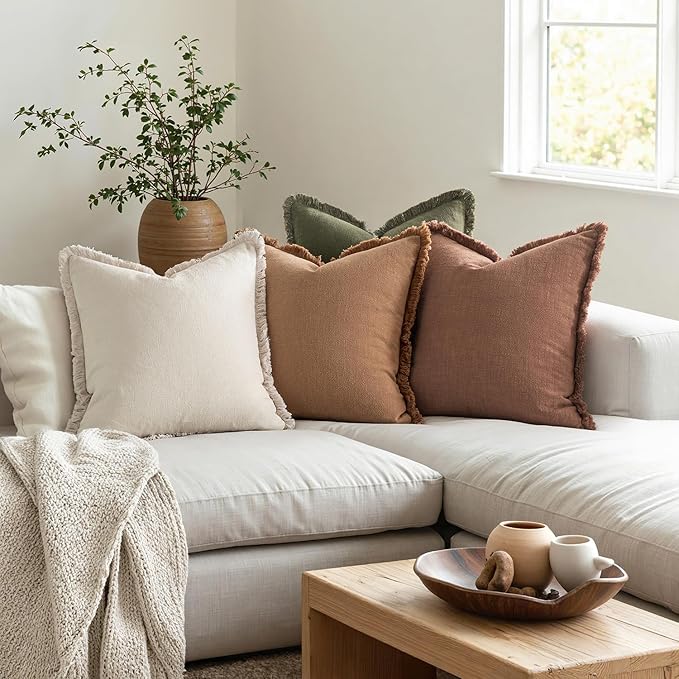MIULEE Decorative Couch Pillow Covers Neutral Linen Fringe Throw Pillows Set of 4 Soft Rustic Cushions Boho Farmhouse Pillowcases for Bed Sofa Living Room Spring Decor 20x20 Inch Beige/Brown/Green