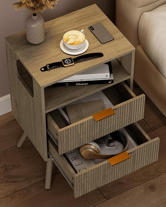 Grey Nightstand,Modern Bedside Table with 2 Storage Drawer and Open Wood Shelf, for Bedroom and Small Spaces,Night Stand with Solid Wood Legs,Grey Oak