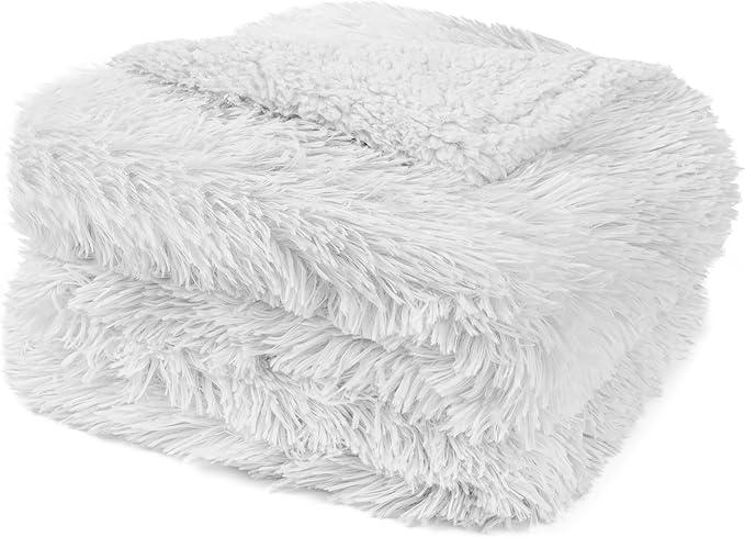 PAVILIA White Fluffy Throw Blanket for Couch, Twin Bed, Fuzzy Blanket for Women Men, Furry Plush Warm Blanket Bed Sofa, Super Soft Thick Faux Fur Sherpa Blanket Throw, 60x80