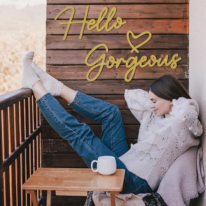 Hello Gorgeous Metal Wall Art Decor Gold Modern Hello Gorgeous Signs Farmhouse Metal Wall Art Hanging Decoration for Bathroom Living Room Bedroom Office Hotel Home Wall Decoration (Gold)