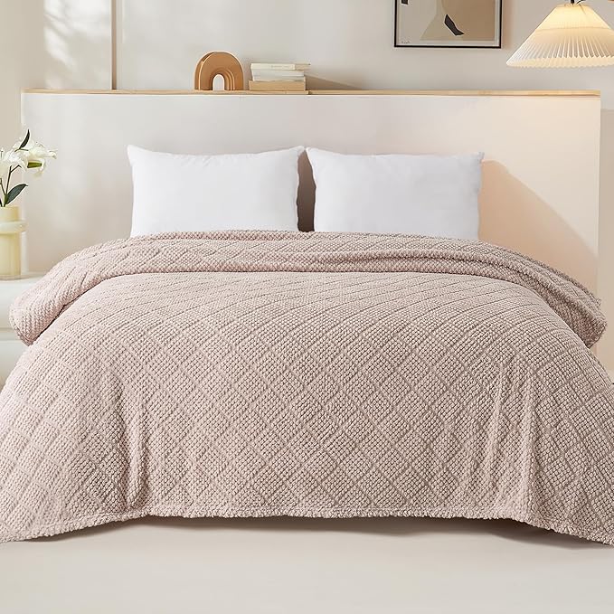 Whale Flotilla Fuzzy Fleece Queen Size Blanket for Bed, Soft Fluffy Jacquard Waffle Blankets for All Season, Lightweight and Warm, 90x90 Inch, Camel