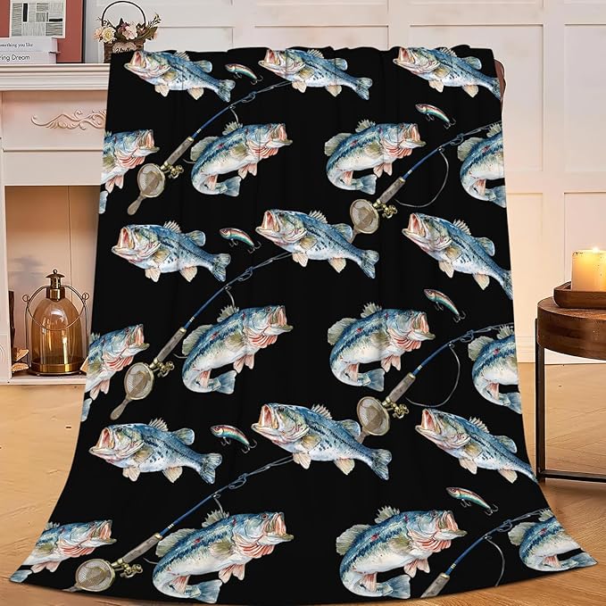 Bass Fish Blanket for Girls Women Boys Men Adults Kids Soft Cozy Fleece Fishing Throw Blankets Fisherman Gifts Warm Flannel Plush Lightweight Decor for Couch Bed Sofa 80"X60"