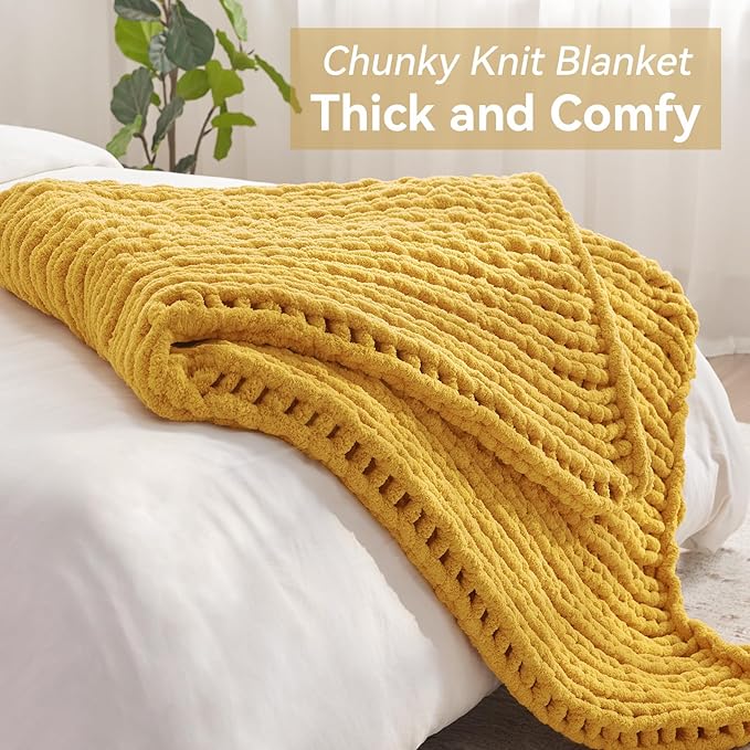 Chunky Knit Throw Blanket, 80''*90'' Knitted Throw Chenille Yarn for Bed Couch, Handmade Yellow Crochet Big Thick Blanket, Machine Washable Cute Comfy Blanket for Home Decor