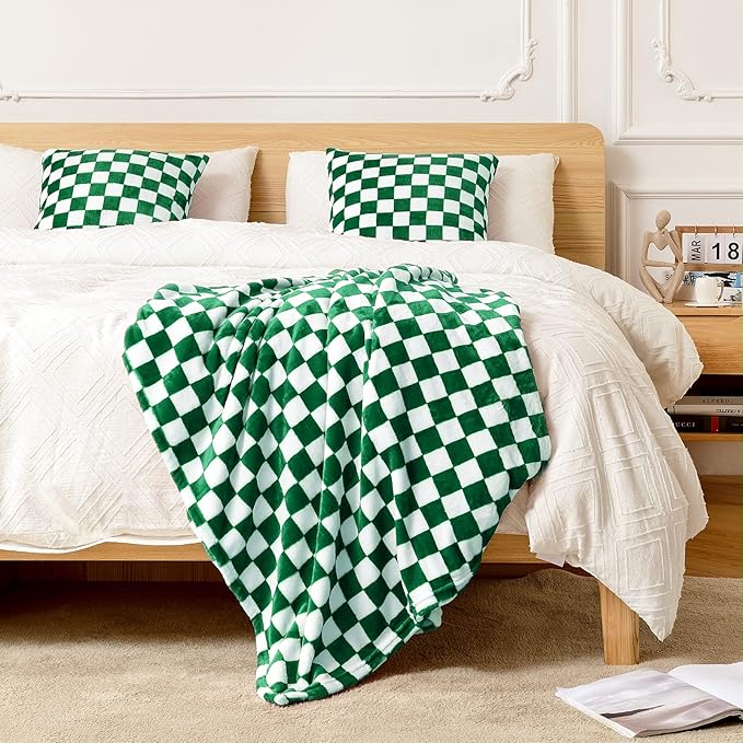 FY FIBER HOUSE Checkered Flannel Fleece Throw Blanket Soft Cozy Checkerboard Grid Print Chessboard Gingham Pattern Blankets for Bed Couch Sofa, 60"x80", Green