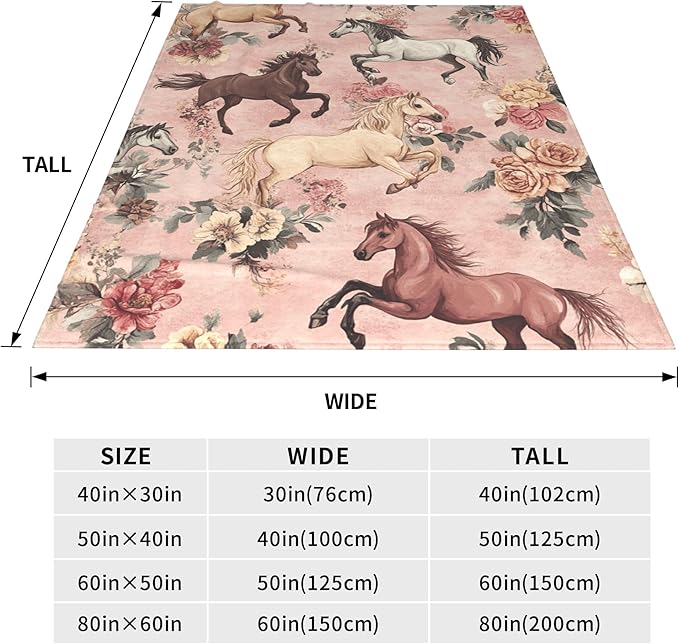 Horse Throw Blanket Soft Warm Cozy Horses Floral Blankets Fuzzy Plush Fleece Horse Blanket Gifts for Couch Bed Sofa Home Decor 40''X50''