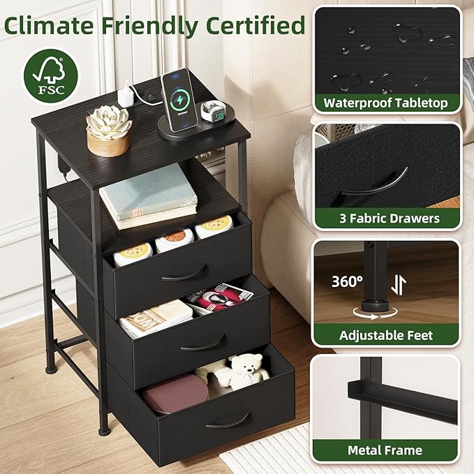 Somdot Nightstands Set of 2,Bedside Tables with Charging Station and LED Lights,Night Stand with 3 Fabric Drawers, End Tables with Open Shelf for Bedroom Living Room Entryway Hallway, Black