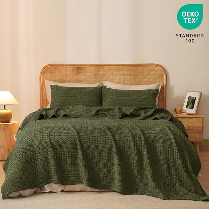 PHF 100% Cotton Waffle Weave Blanket Twin Size for Bed, Soft Lightweight & Breathable for Spring and Summer, All-Season Comfort, Luxury Aesthetic Blanket for Home Decor, 66"x90", Capulet Olive