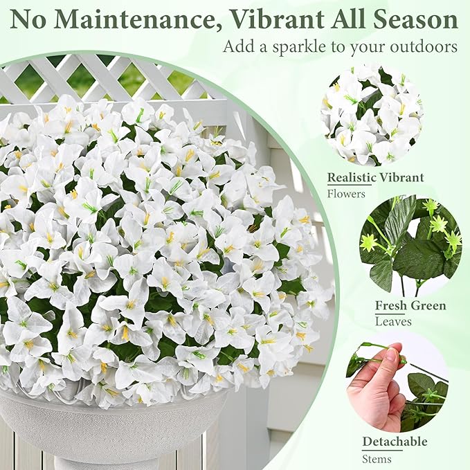 Yastouay 8 Bundles Artificial Flowers for Outdoors, Realistic Bougainvillea Fake Flowers for Outside, UV Resistant Silk Outdoor Faux Plants for Porch Patio Planter Front Door Garden Decor(White)