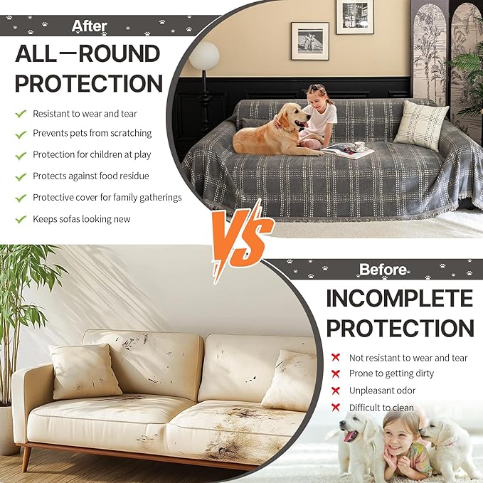 HANDONTIME Plaid Couch Cover for Dogs Washable, Geometric Buffalo Check Sofa Slipcover Chic White Sofa Cover for Pets Chenille Couch Cover Stays on Pet Furniture Covers Thick & Soft (Grey, 71"x134")
