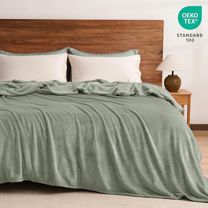 PHF Ultra Soft Fleece Blanket Queen Size, No Shed No Pilling Luxury Plush Cozy 300GSM Lightweight Blanket for Bed, Couch, Chair, Sofa, Perfect Decorations Gifts, 90" x 90", Seagrass