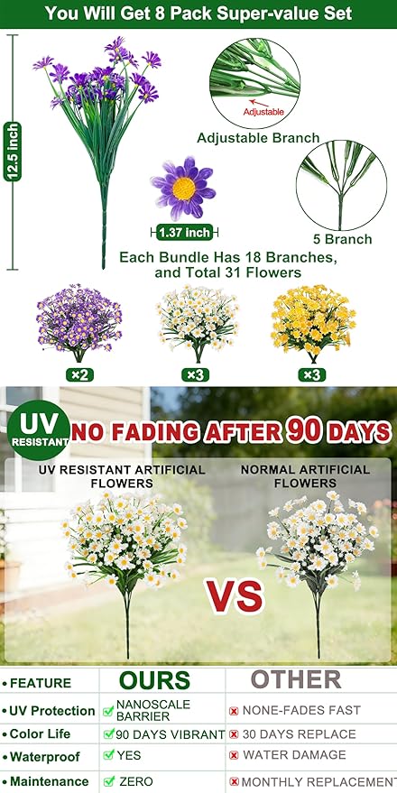 8 Bundles Artificial Daisy Flowers Outdoor Summer Decor,UV Resistant Fake Flowers Faux Plastic Greenery Shrub Plants for Hanging Gardens Window Box Porch Spring Cemetery Décor(Mix White Yellow Purple)