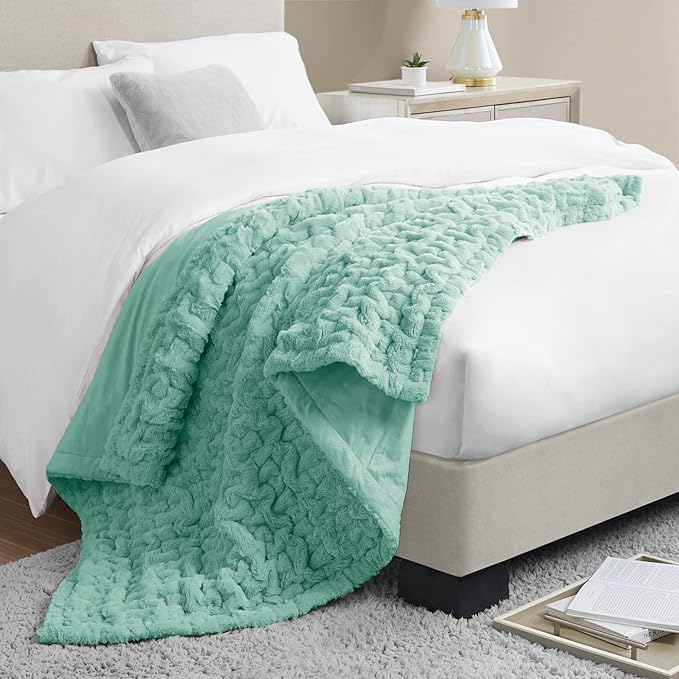 Madison Park Ruched Luxury Throw Premium Soft Cozy Brushed Long Faux Fur For Bed, Couch or Sofa, 50"x60", Aqua