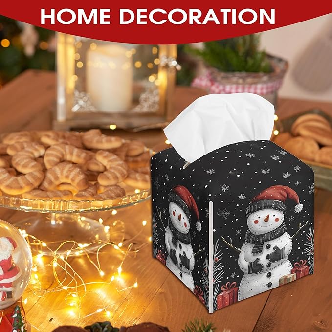 Black Christmas Snowman Tissue Box Cover Holder, Snowflake Leather Tissue Box Cover Square, Xmas Gift Ideas for Family Friends, Bathroom Kitchen Car Office Home Table Decor(5.2 Inches)-B07