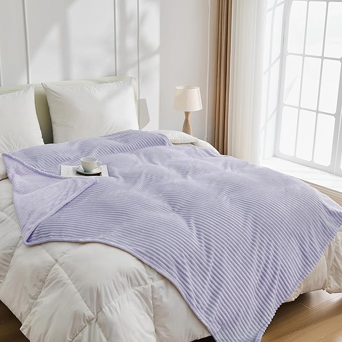 Bnuitland Fleece Throw Blanket for Couch, 300GSM Soft Warm Cozy Fluffy Throw for Adults & Kids, Stripe Pattern, All Season Sofa Bed Blanket for Home Decor, Light Purple 50"x60"