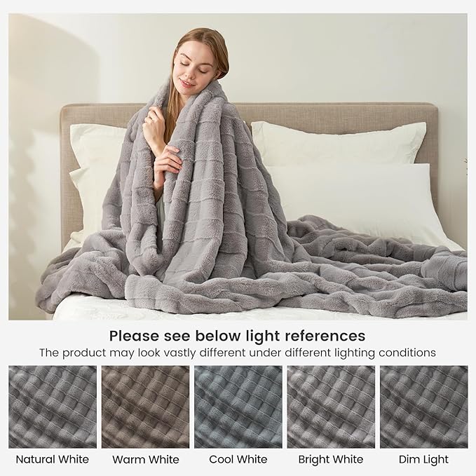 Cozy Bliss Fluffy Faux Fur Blanket Queen Size for Bed, Fuzzy Soft Striped Plush Blanket, Thick Throw for Bedroom Couch Gift, 90x90 Inches Grey