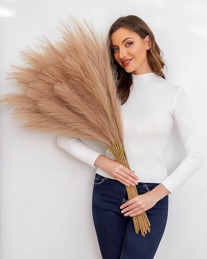 Faux Pampas Grass, 9 PCS 37''/3.1FT Tall Fluffy Fake Pompas Floral, Large Artificial Pompous Grass Branches for Floor Vase Fillers, Boho Farmhouse Room Wedding Decor (Taupe)