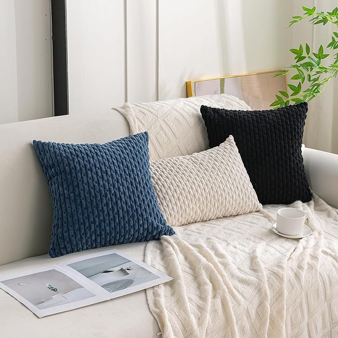 Set of 4 Black Decorative Throw Pillow Covers 16x16 Inch Corduroy Pillow Covers for Bed Couch Sofa Living Room Soft Square Cushion Cases