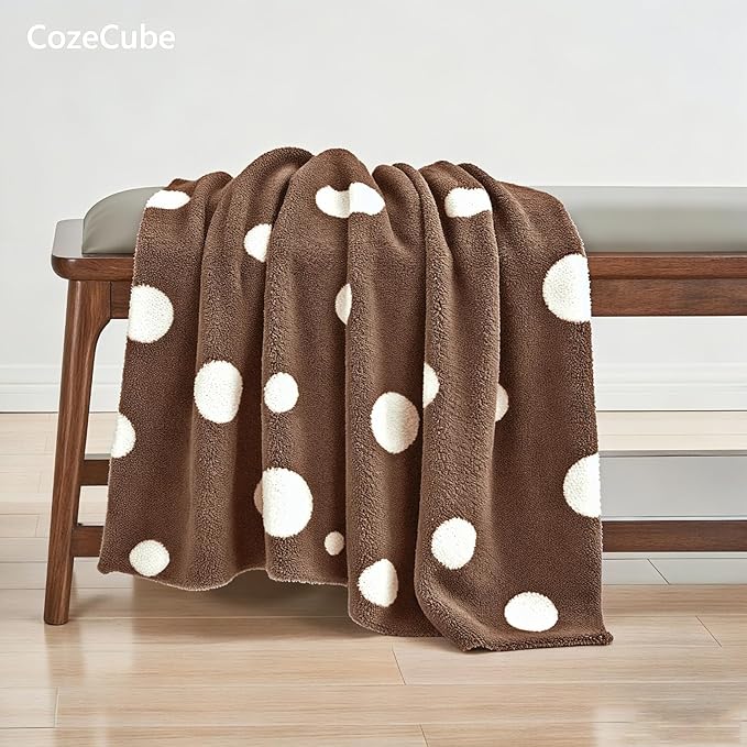 CozeCube Super Soft Fullfy Microfiber Reversible Knitted Blankets, Warm Cozy Fuzzy Plush Throw, Dark Brown and White Polka Dot Throw Blanket for Couch Bed Sofa, 50" x 60"