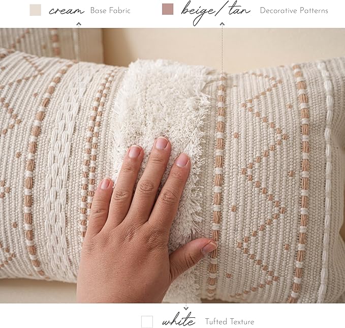 BlissBlush 20X20 Throw Pillow Cover, Cream Neutral Beige Square Decorative Cushion Cover, Boho Accent Pillowcase with Tufted Details and Tassels for Couch Sofa Living Room (Cover Only)
