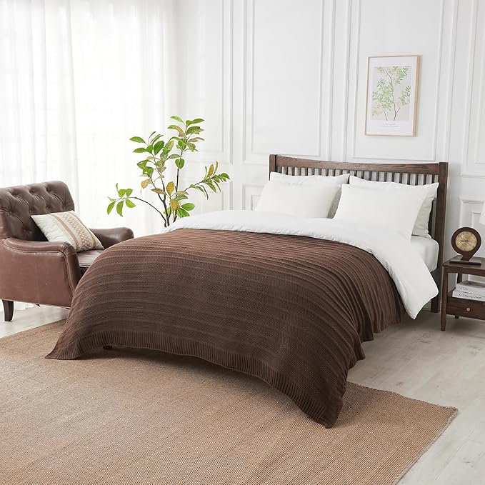 Douceur Brown Throw Blanket for Bed, Soft Cozy Lightweight Stripe Pattern Knitted Throw Blanket for Sofa, Living Room Gift, 60"X80"