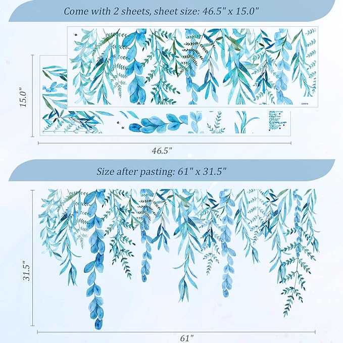Blue Hanging String of Willow Wall Decals Peel and Stick, Large Plants Vinyl Wall Stickers, Removable Vine Home Decor Art for Bedroom Living Room Classroom Office