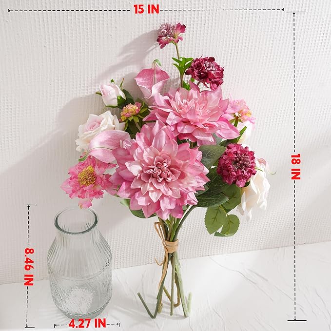LUEUR Artificial Flowers in Vase Centerpiece – Pink Dahlia, Tulip & Rose Arrangement, Faux Floral Table Decorations for Coffee Table, Dining Room, Living Room & Farmhouse Home Decor