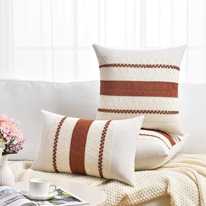 Fancy Homi Set of 1 Rust Boho Long Lumbar Decorative Throw Pillow Cover 14x24 Inch for Couch Bed Sofa, Aesthetic Modern Organic Fall Room Decor, Soft Cotton Cute Terracotta Farmhouse Cushion Case