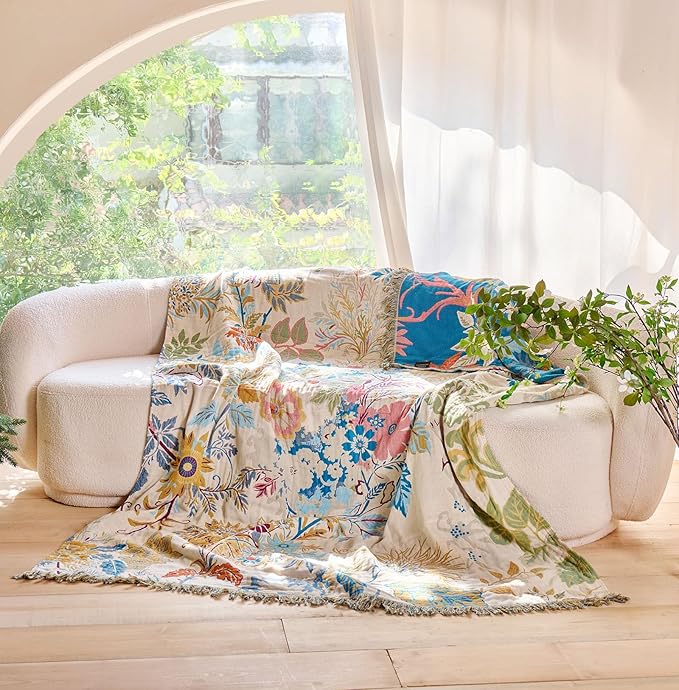 Boho Throw Blanket - 100% Cotton Throw Blankets for Bed Couch, 60"x80" Soft Muslin Lightweight Spring Throw Blanket, Cozy Floral Plant Printed Bohemain Bedding Decor Green Throw Quilt